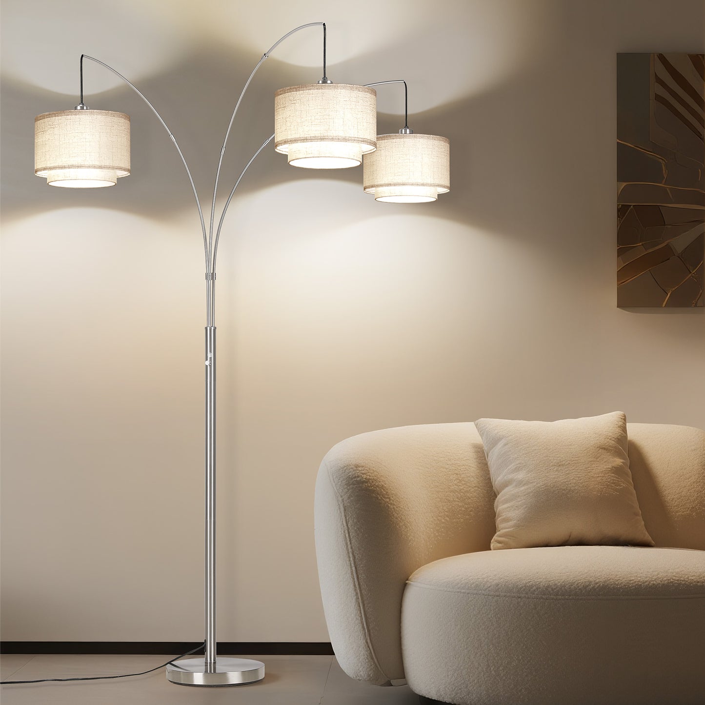 SUNMORY 3 Lights Tree Floor Lamp, 81.5" Tall Standing Lamp with Hanging Dual Drum Linen Shade, Modern Arc Floor Lamps with Heavy Base & 3 Bulbs, Mid Century Arched Floor Lamp for Living Room, Bedroom Silver 17162112713