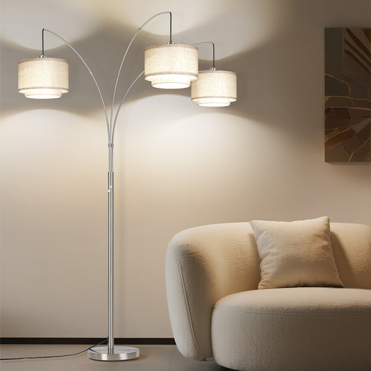SUNMORY 3 Lights Tree Floor Lamp, 81.5" Tall Standing Lamp with Hanging Dual Drum Linen Shade, Modern Arc Floor Lamps with Heavy Base & 3 Bulbs, Mid Century Arched Floor Lamp for Living Room, Bedroom Silver 17162112713