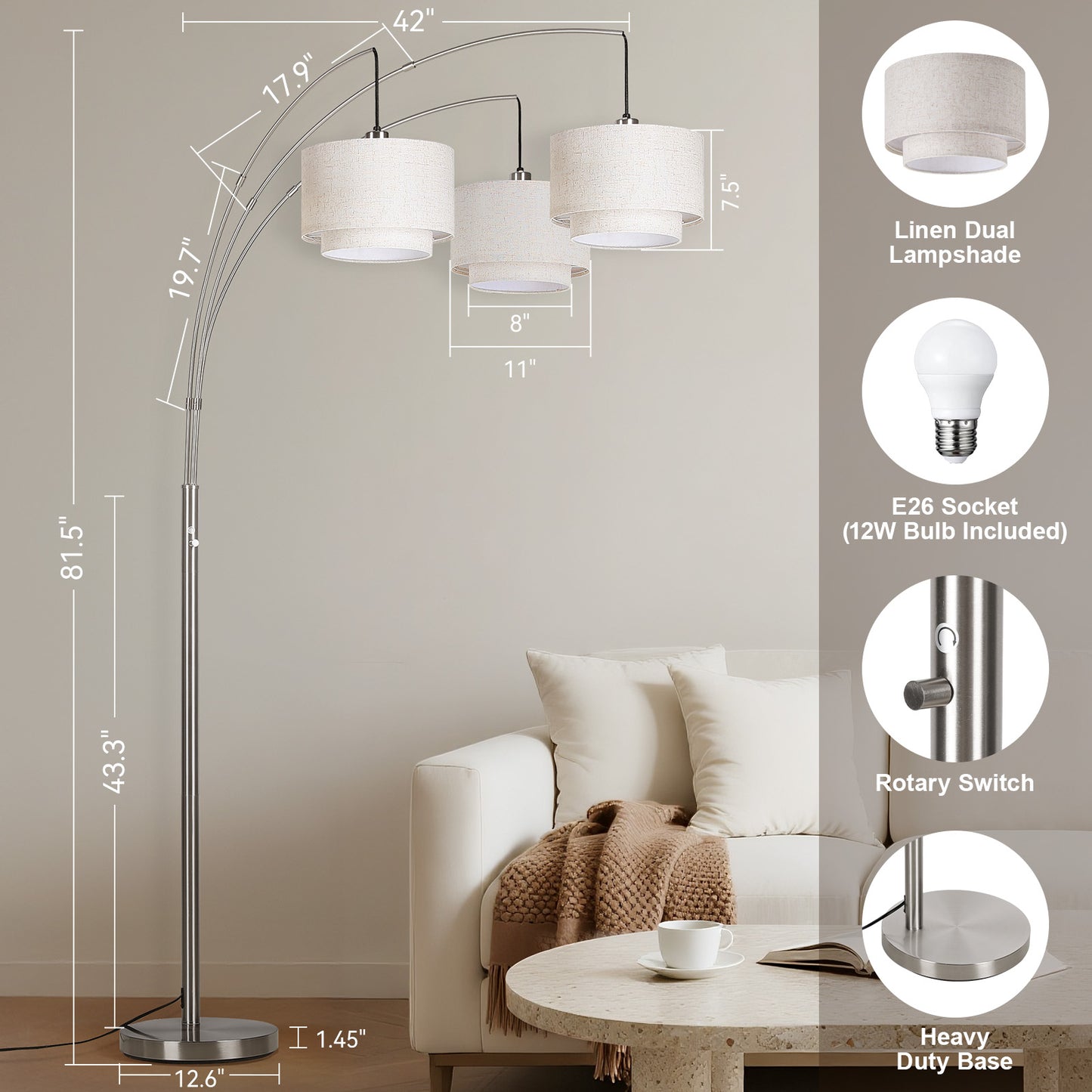 SUNMORY 3 Lights Tree Floor Lamp, 81.5" Tall Standing Lamp with Hanging Dual Drum Linen Shade, Modern Arc Floor Lamps with Heavy Base & 3 Bulbs, Mid Century Arched Floor Lamp for Living Room, Bedroom Silver 17162112713