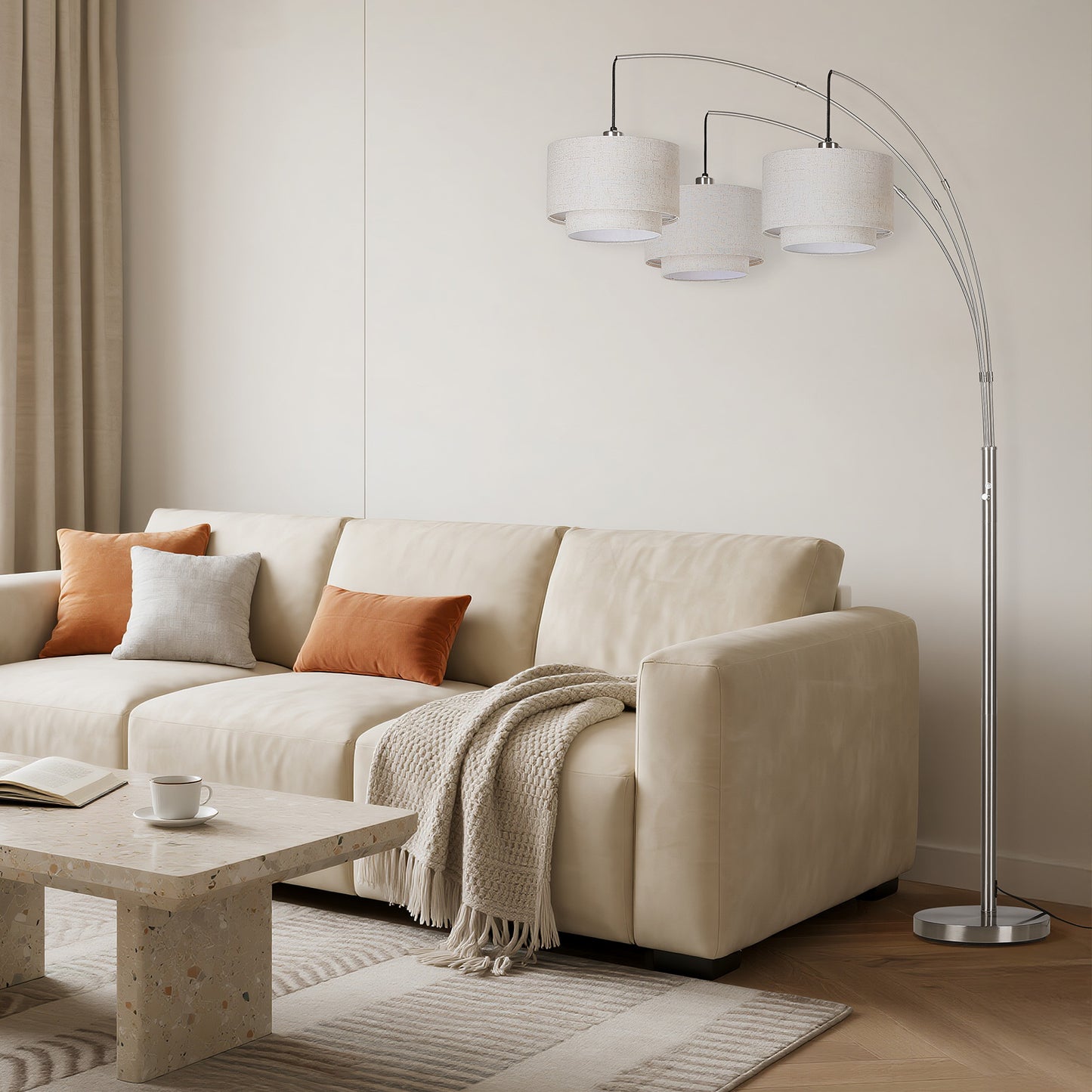 SUNMORY 3 Lights Tree Floor Lamp, 81.5" Tall Standing Lamp with Hanging Dual Drum Linen Shade, Modern Arc Floor Lamps with Heavy Base & 3 Bulbs, Mid Century Arched Floor Lamp for Living Room, Bedroom Silver 17162112713