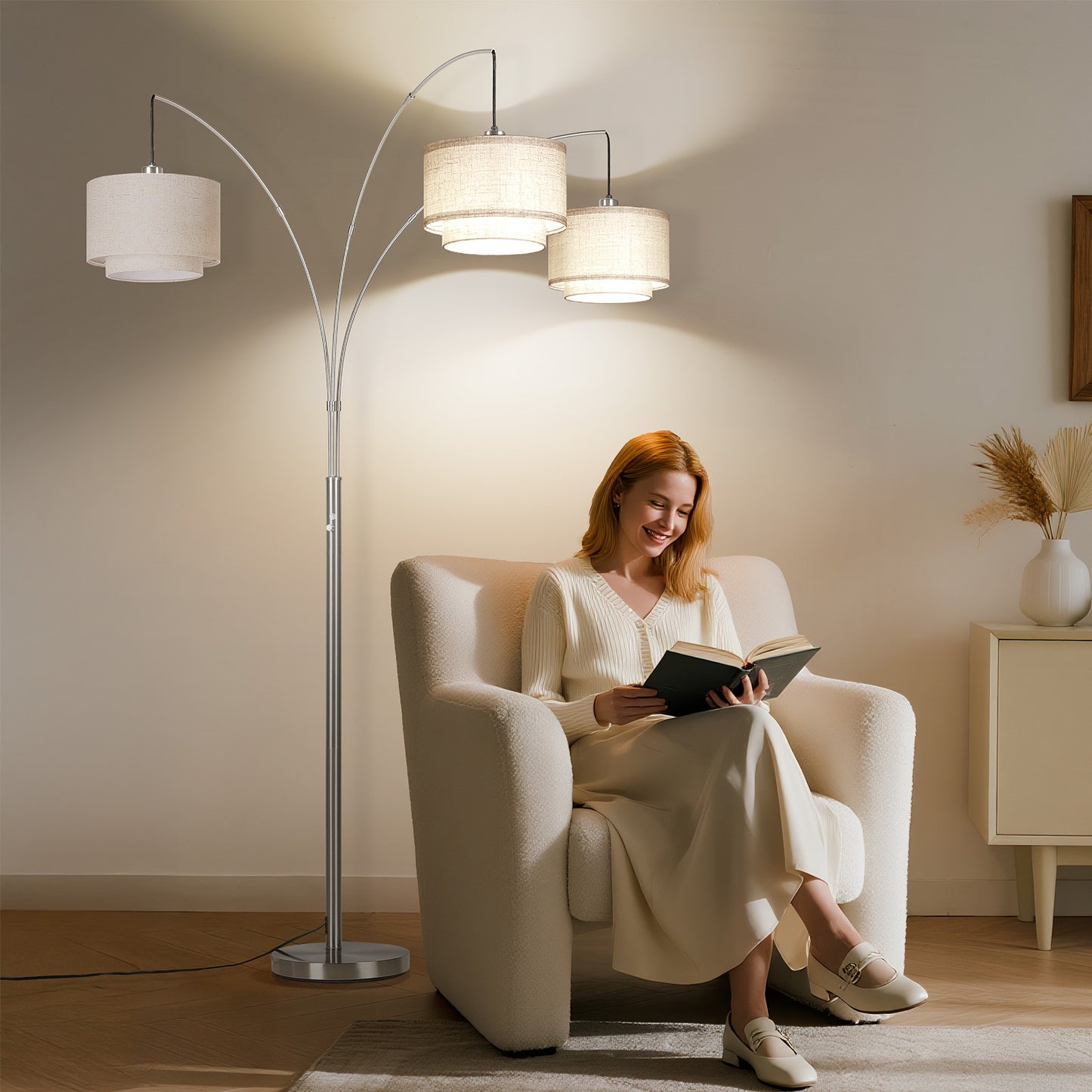 SUNMORY 3 Lights Tree Floor Lamp, 81.5" Tall Standing Lamp with Hanging Dual Drum Linen Shade, Modern Arc Floor Lamps with Heavy Base & 3 Bulbs, Mid Century Arched Floor Lamp for Living Room, Bedroom Silver 17162112713