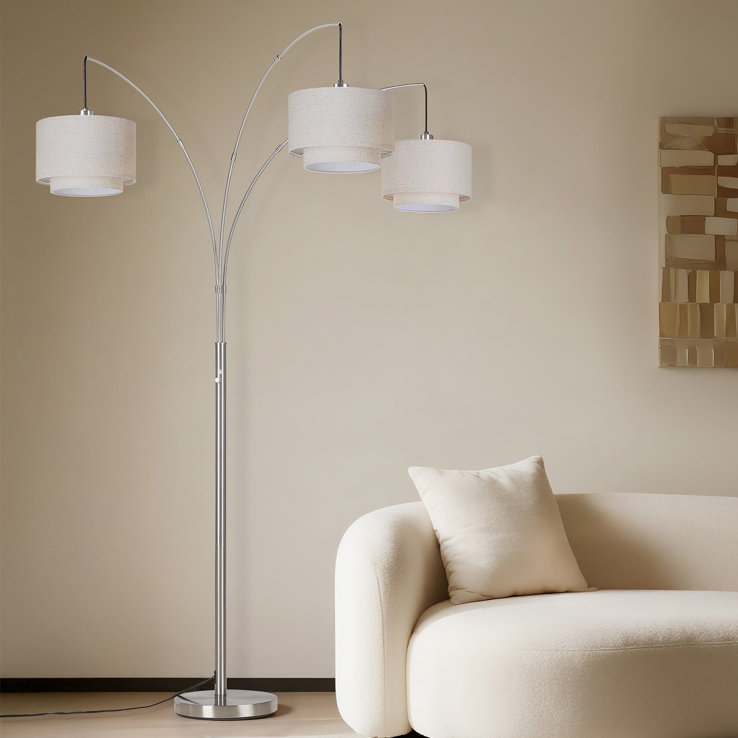 SUNMORY 3 Lights Tree Floor Lamp, 81.5" Tall Standing Lamp with Hanging Dual Drum Linen Shade, Modern Arc Floor Lamps with Heavy Base & 3 Bulbs, Mid Century Arched Floor Lamp for Living Room, Bedroom Silver 17162112713