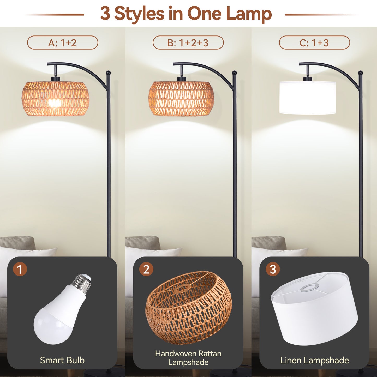 SUNMORY 63'' Dimmable Arc Rattan Floor Lamp, Black Standing Lamp with Rattan & Fabric Double Drum Shade, Boho Farmhouse Tall Lamp for Living Room, Lamps for Bedroom 5764819847