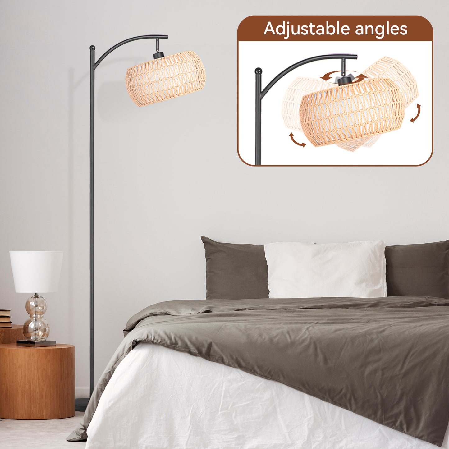 SUNMORY 63'' Dimmable Arc Rattan Floor Lamp, Black Standing Lamp with Rattan & Fabric Double Drum Shade, Boho Farmhouse Tall Lamp for Living Room, Lamps for Bedroom 5764819847