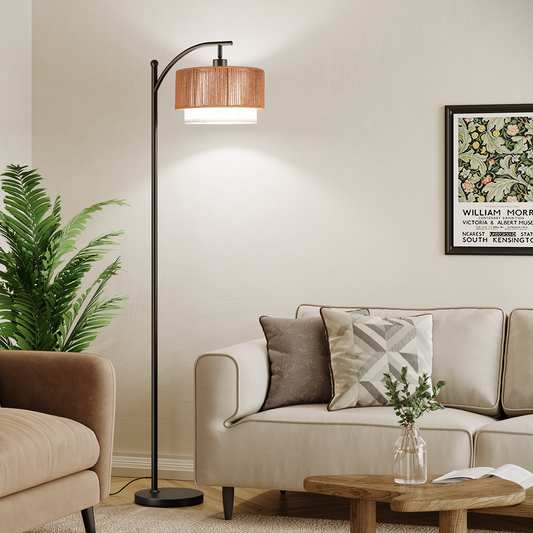 SUNMORY Rattan Floor Lamps, Boho Standing Lamps with Rattan & Linen Double Shades, Arc Lamp Floor with 12W Bulb, Foot Switch, Bohemian Floor Lamps for for Living Room, Bedroom, Study Room