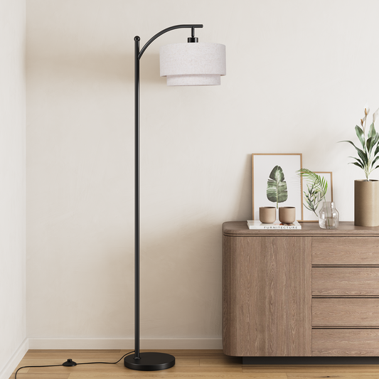 SUNMORY Arc Floor Lamp, Modern Corner Standing Lamp with Unique Hanging Douoble Drum Lampshade for Living Room, Bedroom, Study Room