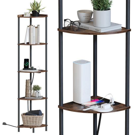 SUNMORY 5 Tier Corner Shelf Stand With 2 USB Ports & 2 Power Outlet,65" Tall Corner Shelves Display Rack for Living Room Decor