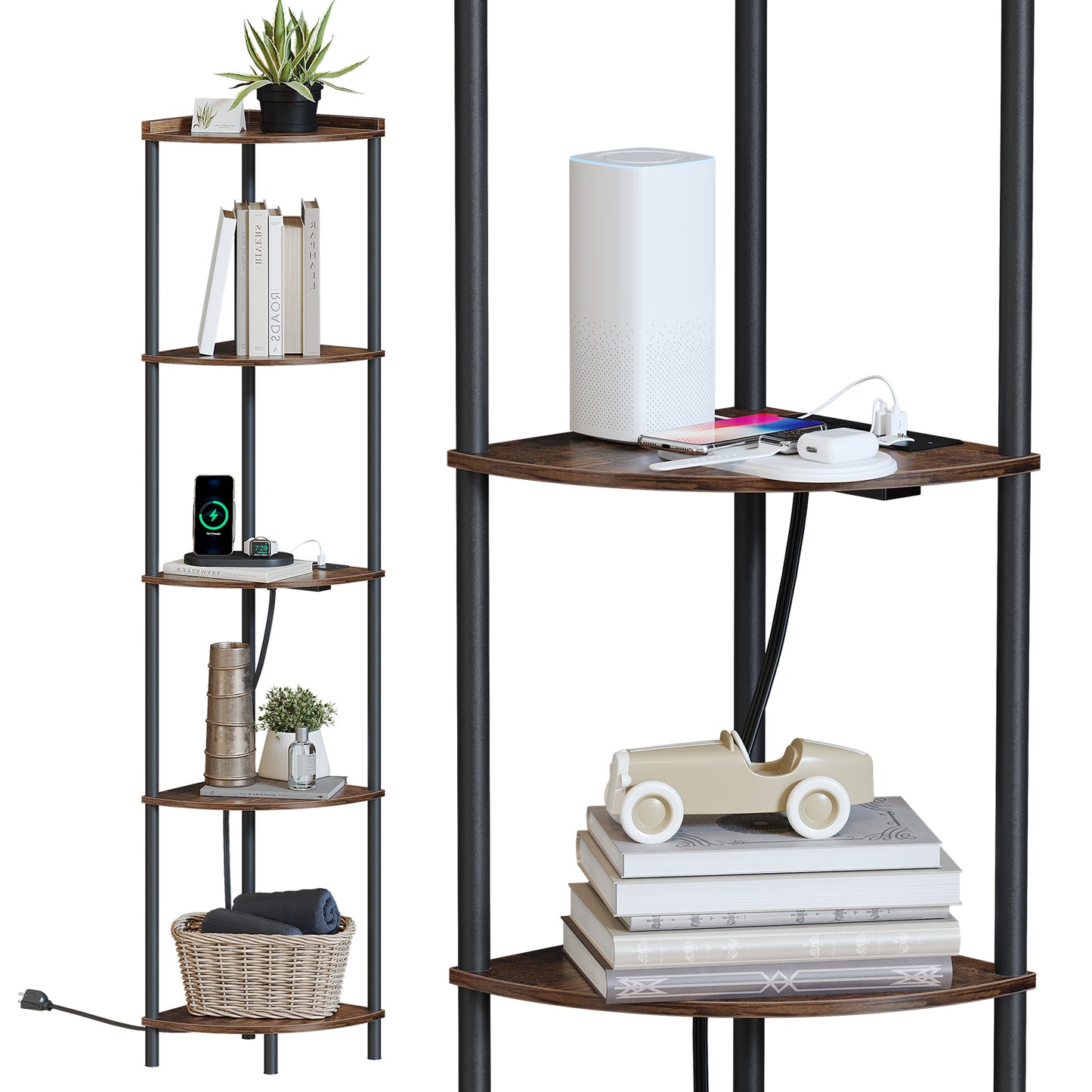 SUNMORY 5 Tier Corner Shelf Stand With 2 USB Ports & 2 Power Outlet,65" Tall Corner Shelves Display Rack for Living Room Decor