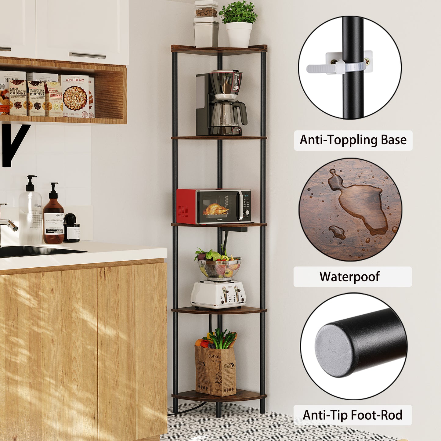 SUNMORY 5 Tier Corner Shelf Stand With 2 USB Ports & 2 Power Outlet,65" Tall Corner Shelves Display Rack for Living Room Decor