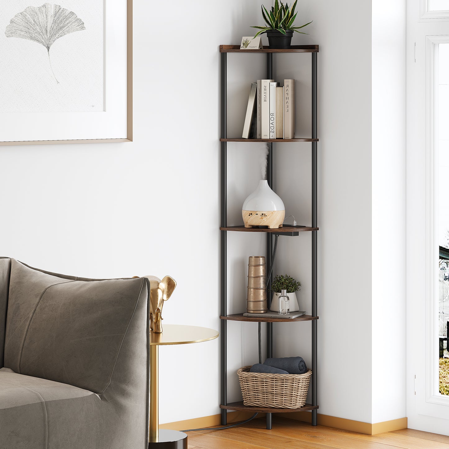SUNMORY 5 Tier Corner Shelf Stand With 2 USB Ports & 2 Power Outlet,65" Tall Corner Shelves Display Rack for Living Room Decor