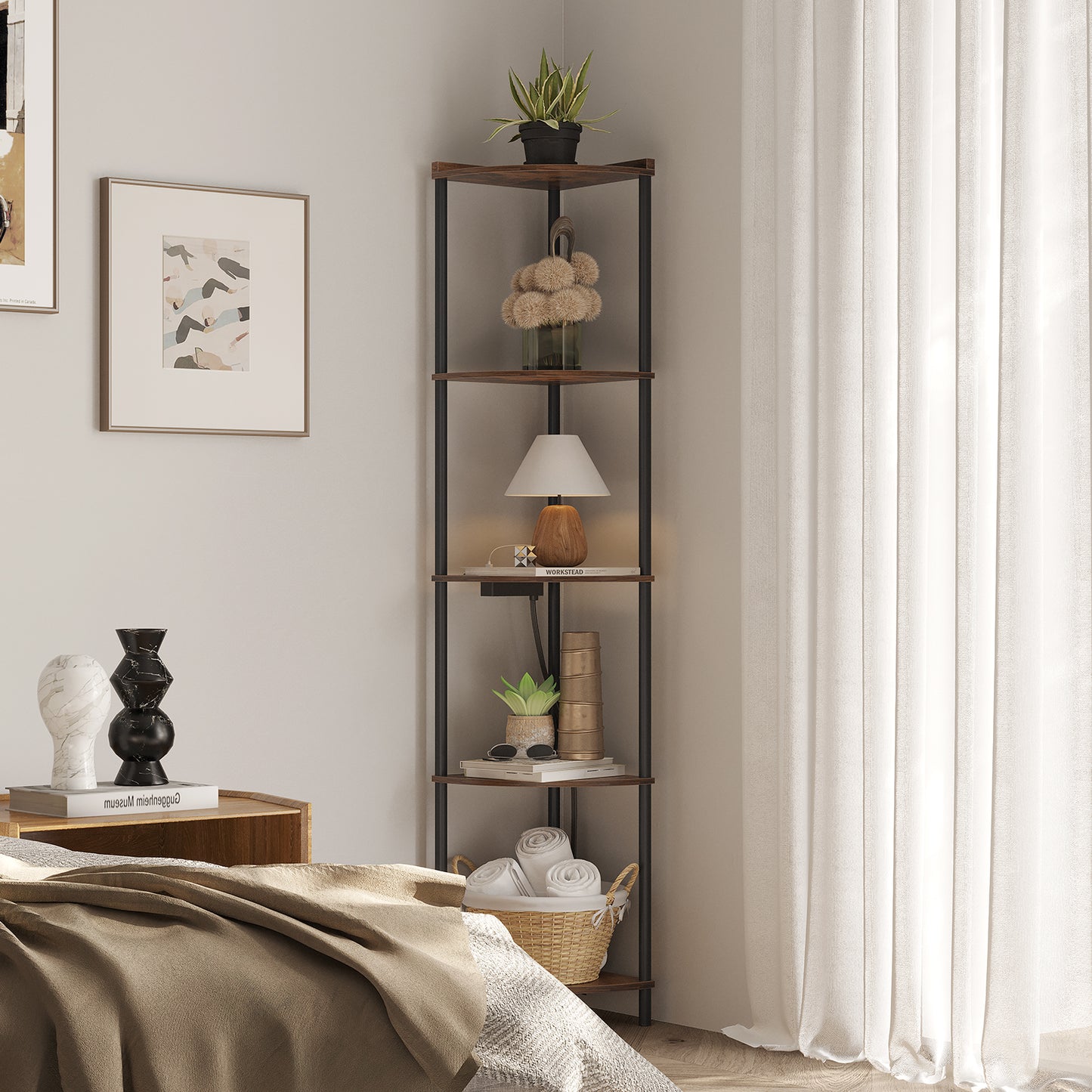 SUNMORY 5 Tier Corner Shelf Stand With 2 USB Ports & 2 Power Outlet,65" Tall Corner Shelves Display Rack for Living Room Decor