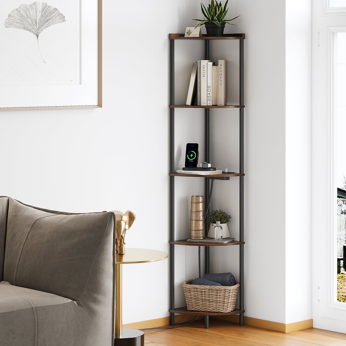 SUNMORY 5 Tier Corner Shelf Stand With 2 USB Ports & 2 Power Outlet,65" Tall Corner Shelves Display Rack for Living Room Decor