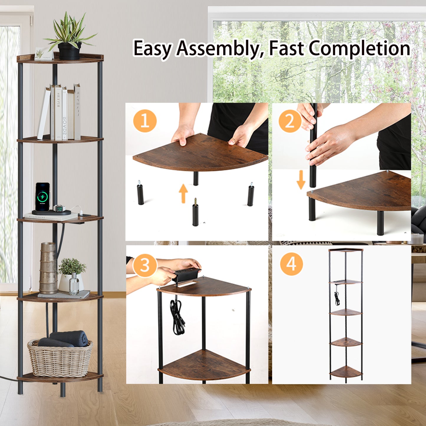 SUNMORY 5 Tier Corner Shelf Stand With 2 USB Ports & 2 Power Outlet,65" Tall Corner Shelves Display Rack for Living Room Decor