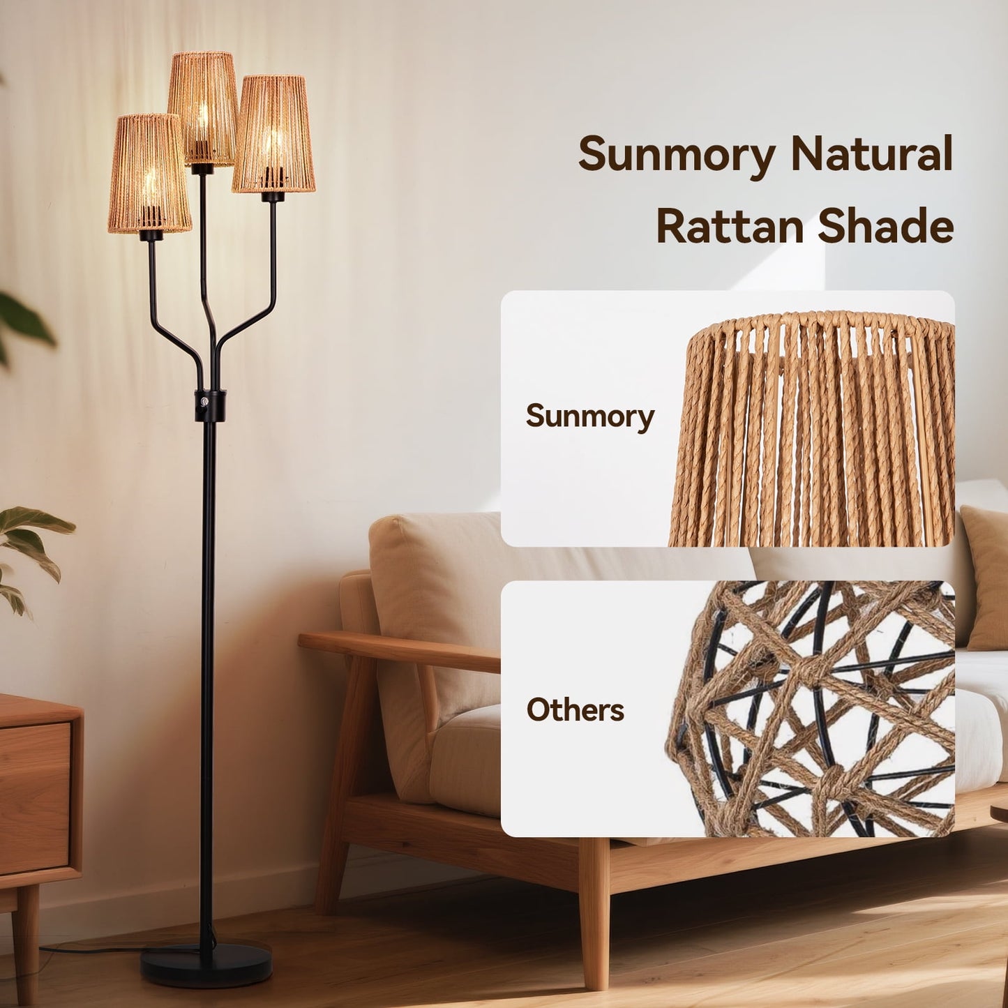SUNMORY Rattan Floor Lamp, Floor Lamps for Living Room with 3 Tier Dimmable Lighting, Bedroom Floor Lamp for Farmhouse, Rustic Floor Light, Boho Style, Ideal for Living Room, Bedroom, Sofa 16515358407