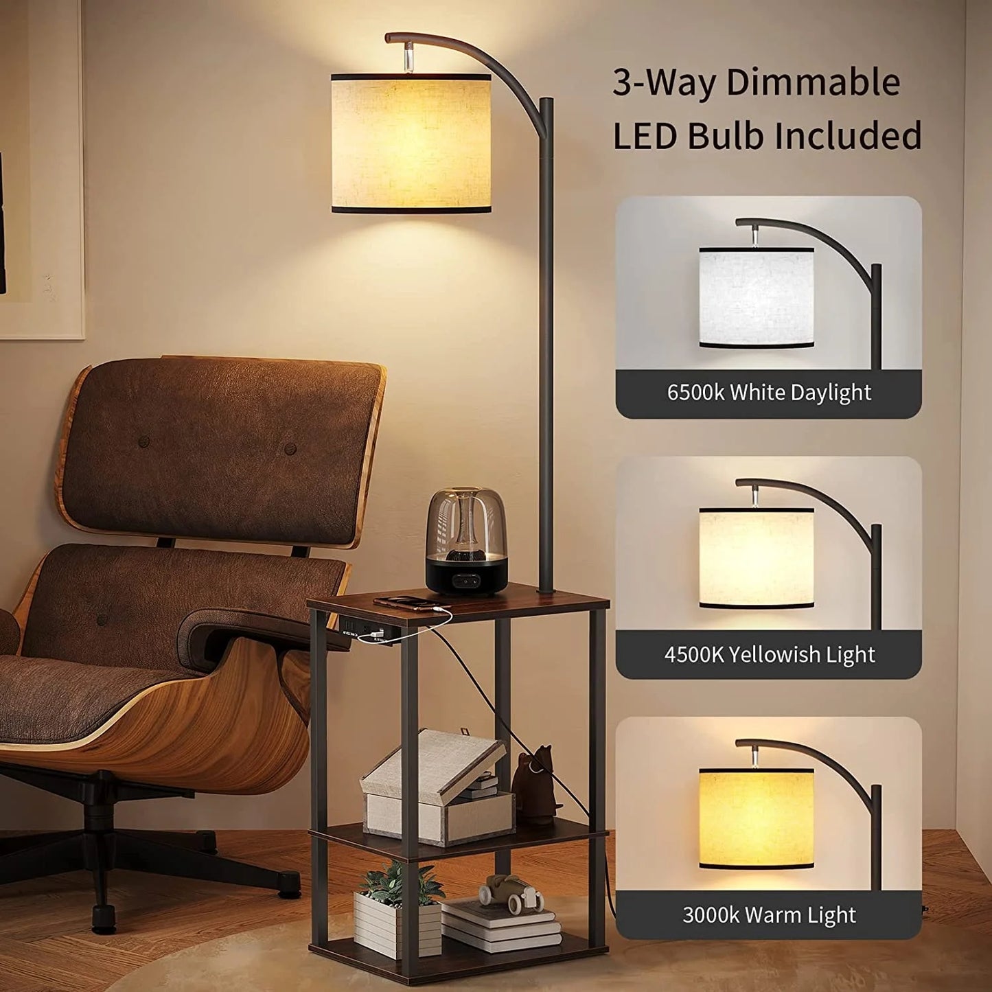 SUNMORY Floor Lamp with Table, End Table with Lamp for Living Room, Rustic End Table Lamp with Shelves, Walnut 1072419913