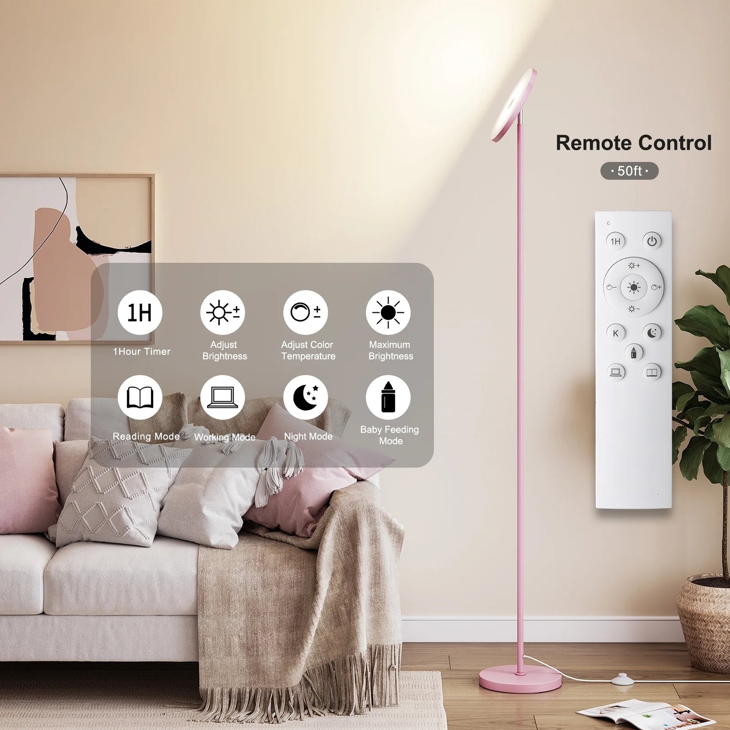 SUNMORY Soft Pink Torchiere Floor Lamp for Bedroom and Office – Elegant Standing Lamp with Modern Design, Perfect for Ambient Lighting in Living Spaces 16438413597