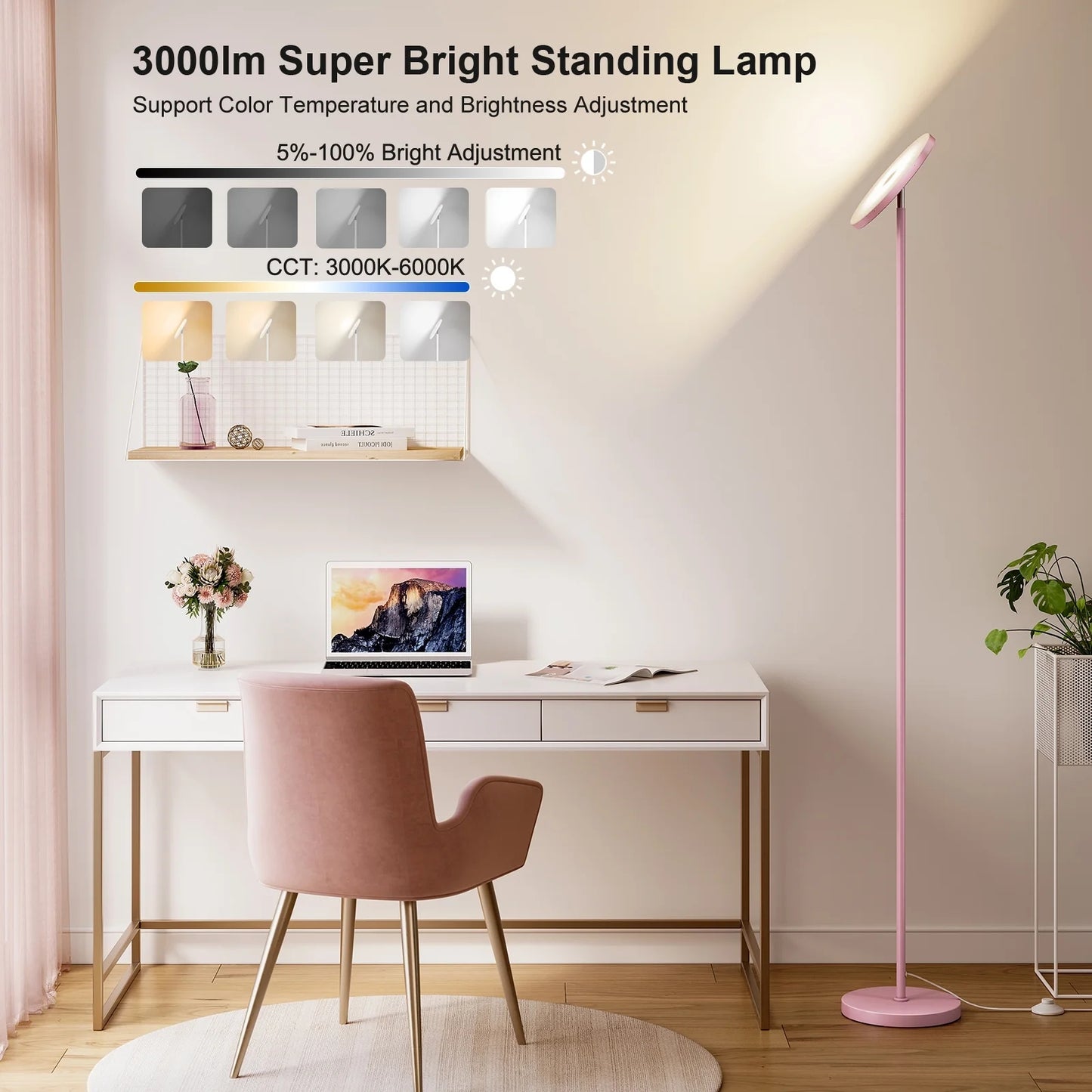 SUNMORY Soft Pink Torchiere Floor Lamp for Bedroom and Office – Elegant Standing Lamp with Modern Design, Perfect for Ambient Lighting in Living Spaces 16438413597