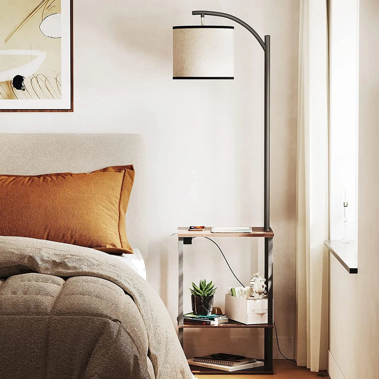 SUNMORY Floor Lamp with Table, End Table with Lamp for Living Room, Rustic End Table Lamp with Shelves, Walnut 1072419913