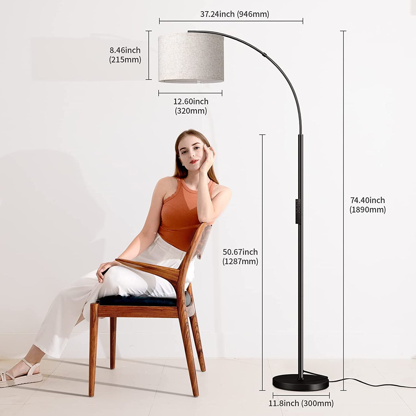 SUNMORY Arc Floor Lamp with Remote,Modern Floor Lamp with Stepless Dimmable Bulb,75″Height Tall Lamp for Living Room with Hanging Drum Shade and Weighted Base.Mid Century Standing Lamp for Bedroom.