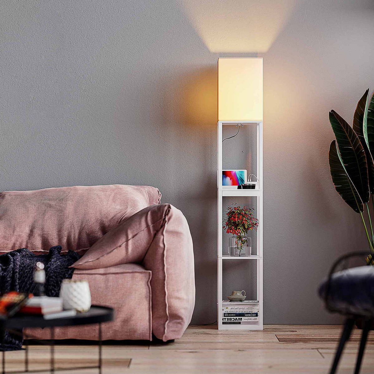 TOCLL Floor Lamp With Shelves – 3-Tier Display Storage, AC Outlet, USB & Type-C Ports, 3-Color LED Bulb Included, Black, For Living Room/Bedroom/Office